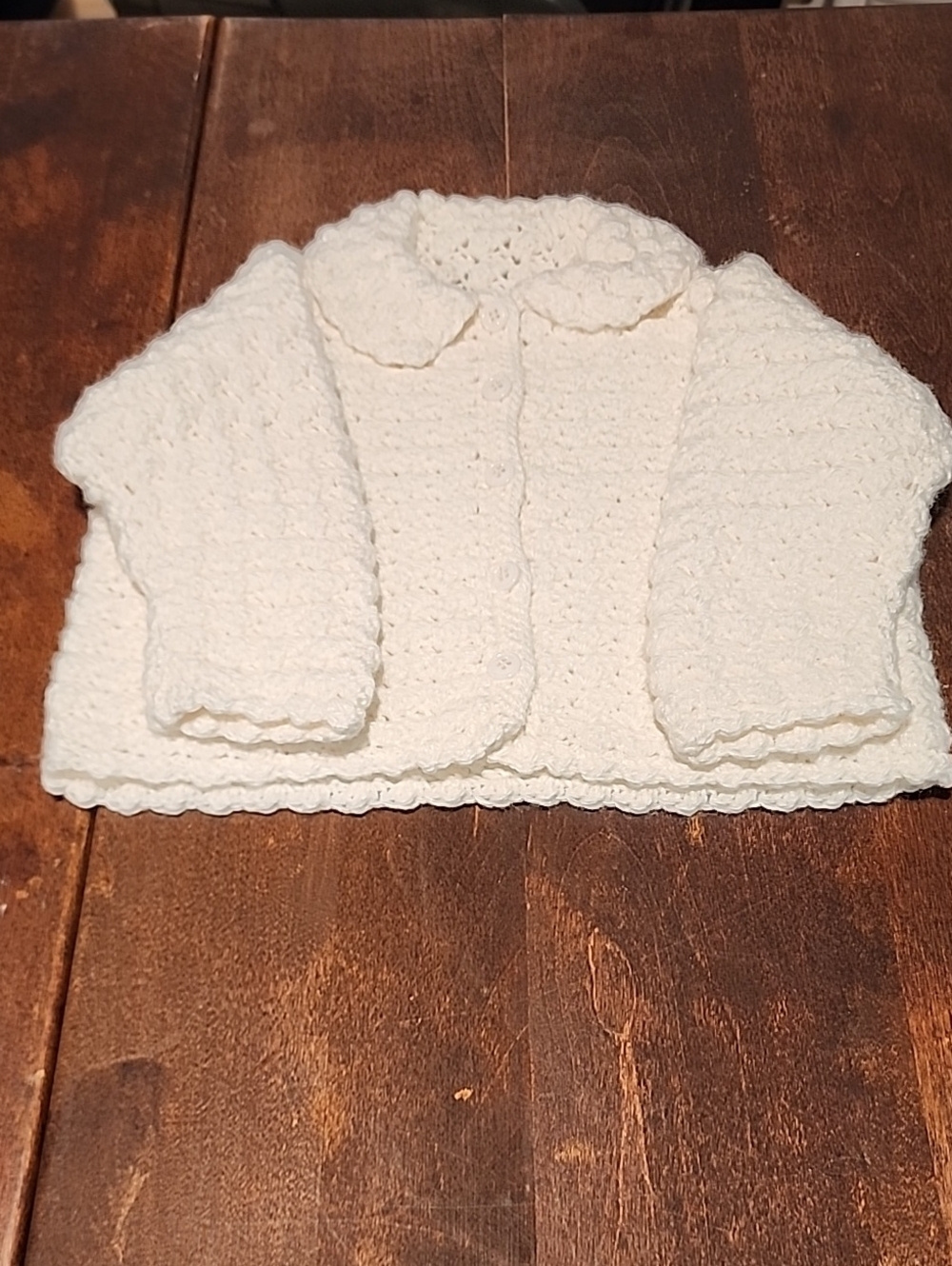 White Crochet Baby Cardigan with Scalloped Trim